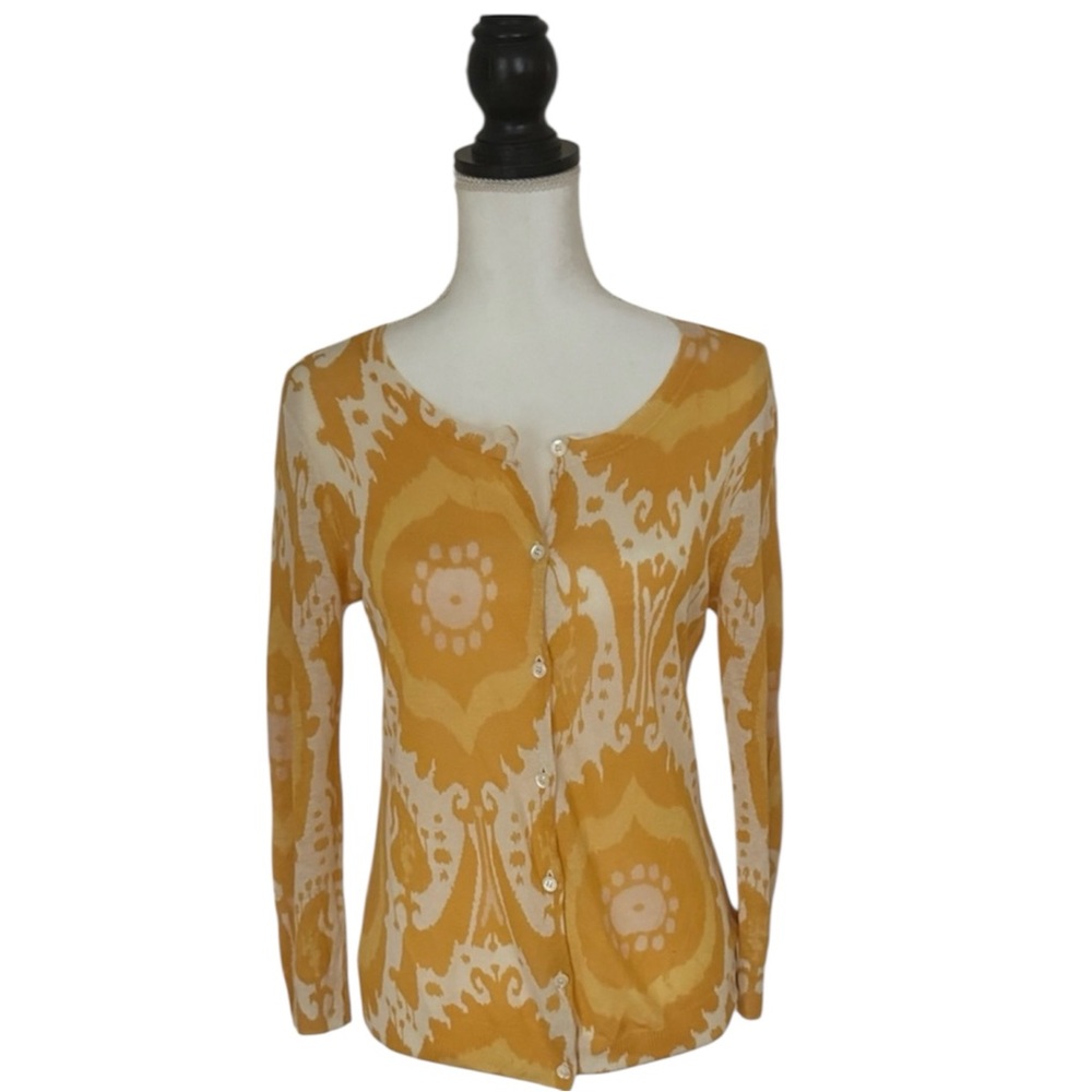 J.Crew Linen Silk Blend Cardigan Yellow Batik Print Lightweight 3/4 Sleeve Small